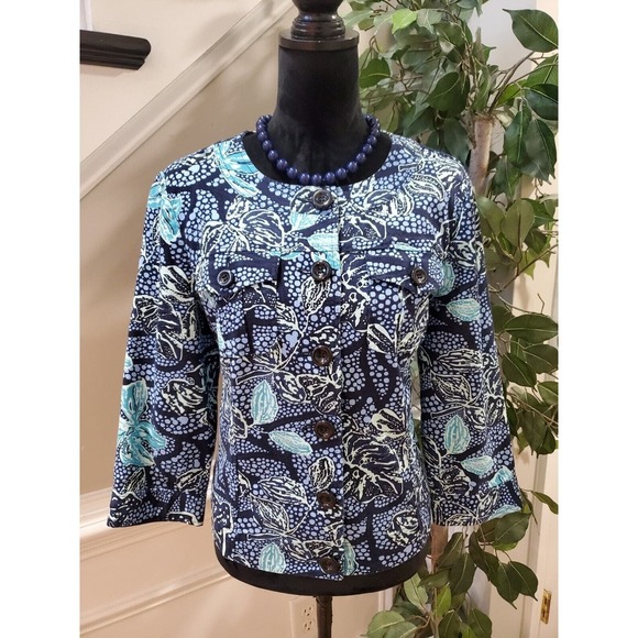 Character Club Womens Blue Floral Cotton Long Sleeve Button Down Jacket Sz Large - Picture 1 of 11